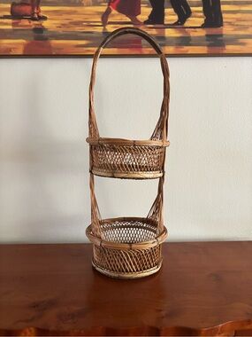 Woven Two-Tier Rattan Basket Stand